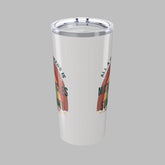 White tumbler with colorful text design on a white background